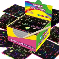 DIY Rainbow Magic Scratch Paper Art Set (100 sheets) 100 Sheets Magic Scraping Painting Papers Kids DIY Craft Drawing Papers