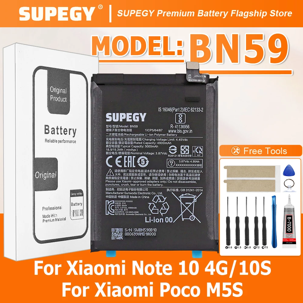 2026 YEARS SUPEGY 100% New Battery BN59 6000mAh For XIAOMI Note 10 4G/NOTE 10S/POCO M5S Battery +Tools