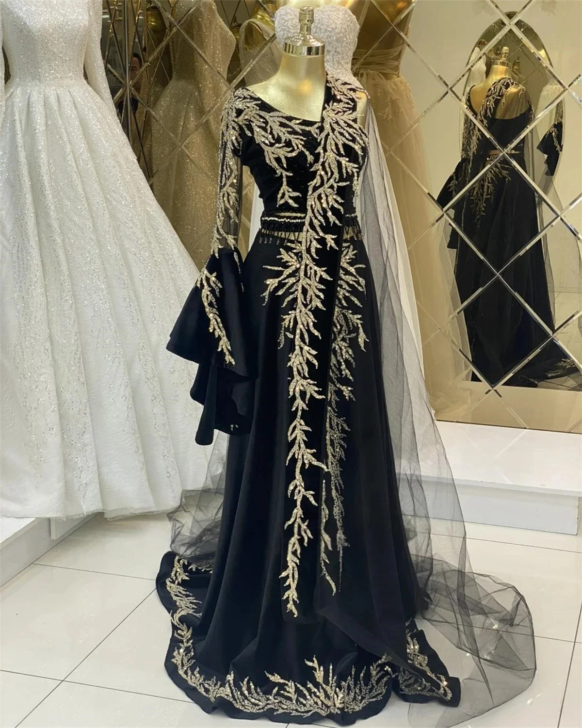 Green Moroccan Caftan Formal Evening Dresses A-line Long Sleeves Appliques Prom Dresses Arabic Party Dresses Customized