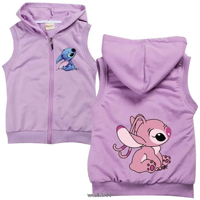 Disney Stitch Spring Autumn Vest Hoodies Cartoon Boys Girls Sweatshirts Children Casual Vest Hood Tops 100cm-170cm Height