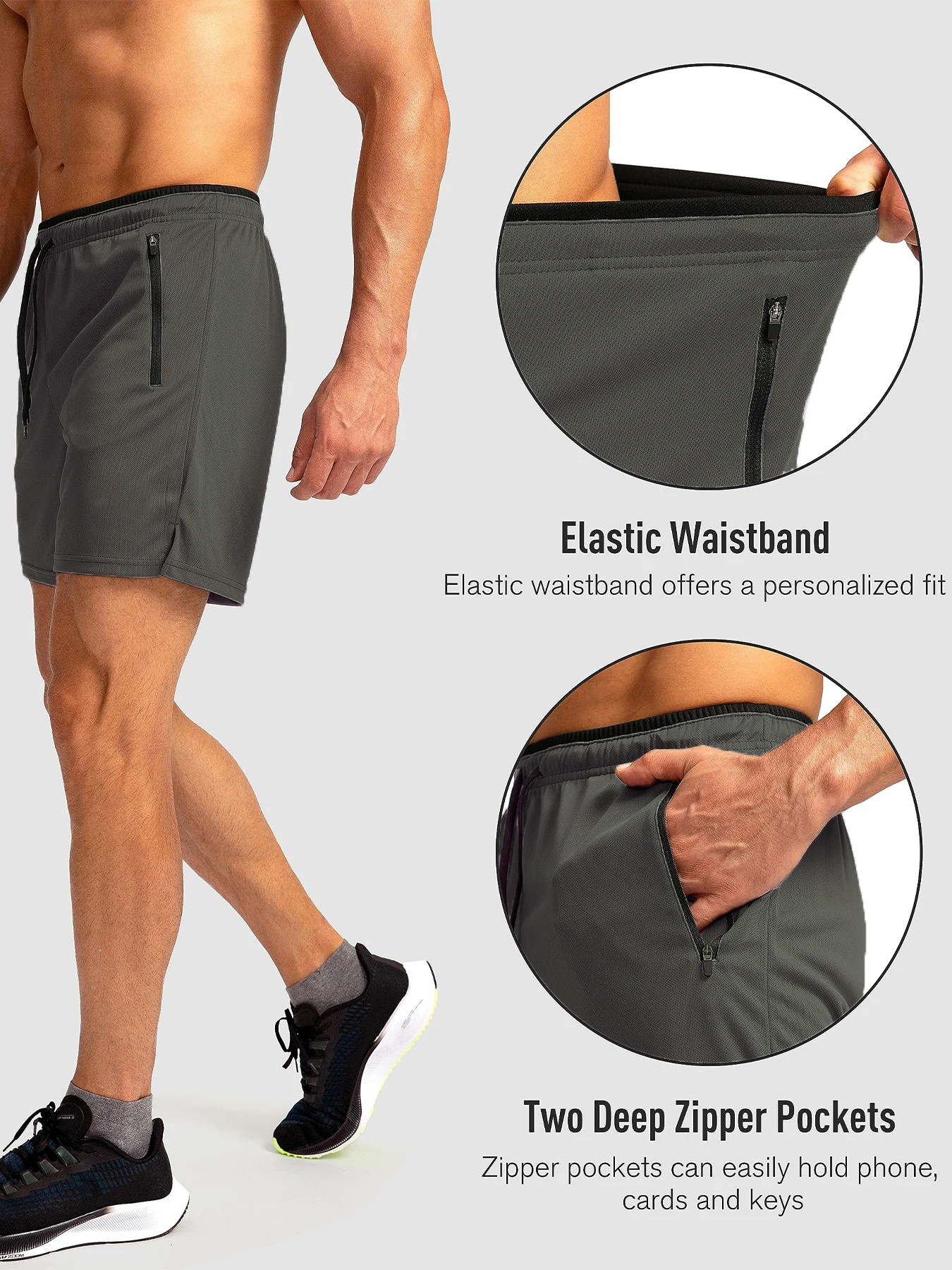 Herren-Laufshorts mit Reißverschlusstaschen, schnelltrocknend, geeignet für Fitness-Workouts, 5-Zoll-Herrenshorts – Detail 3