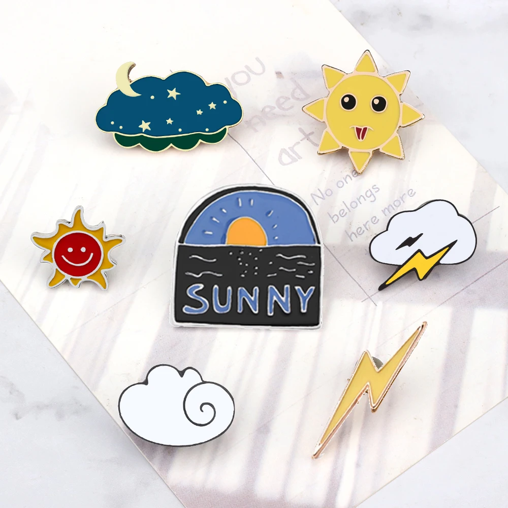 3-7Pcs Fashion Brooch Set Lightning Sun Weather Skeleton Gesture Dinosaurs Enamel Pins Green Plant Metal Chain Badge Hat Jewelry