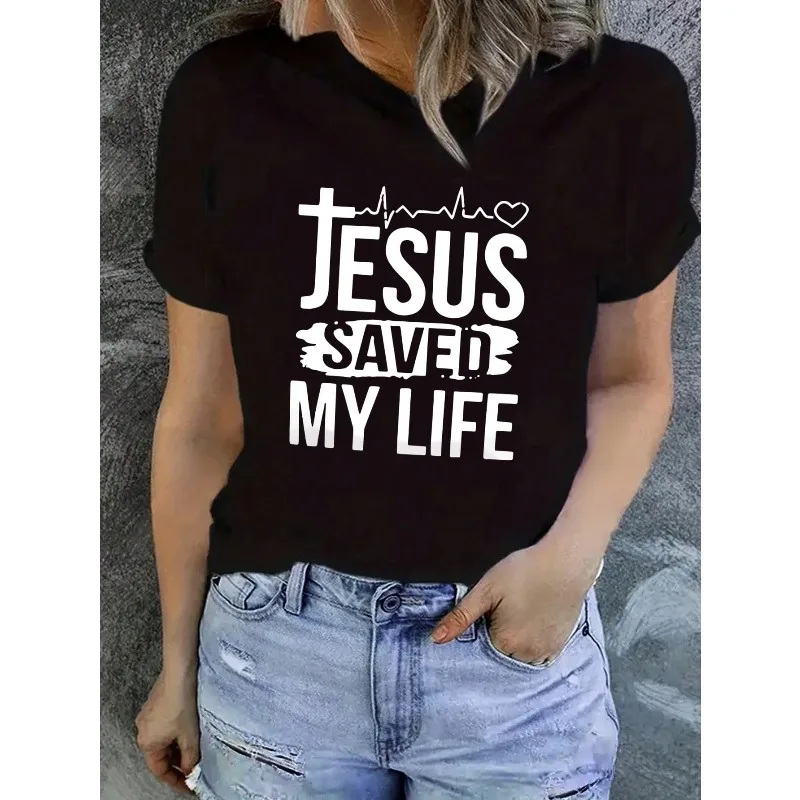 INAWLY Slogan Pattern T-shirt Jesus Saved My Life Pattern T-shirt Women's Cotton Top Casual Fashion Women's Loose O-neck T-shirt