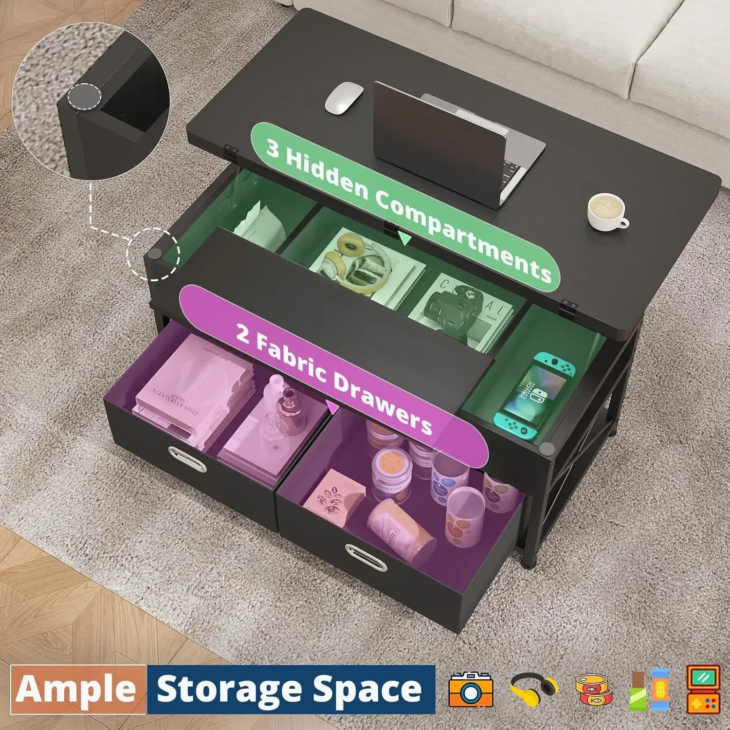 Lift Top Coffee Table, 4 in 1 Multi-Function Dining Table with Hidden Compartment &2 Drawers, Convertible Square Center ，Black