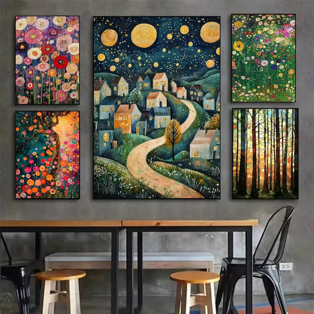 G-Gustav Klimt Print Starry Night Poster 	 High Quality Wall Art for Home Office Bedroom Living Room Hallway Bar Perfect Gift