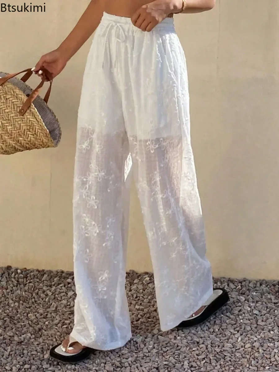 Women's Fashion Embroiderey Wide Leg Pants Elegant Flower See Through Elastic Waist Trousers Solid Beach Vacation Casual Pants