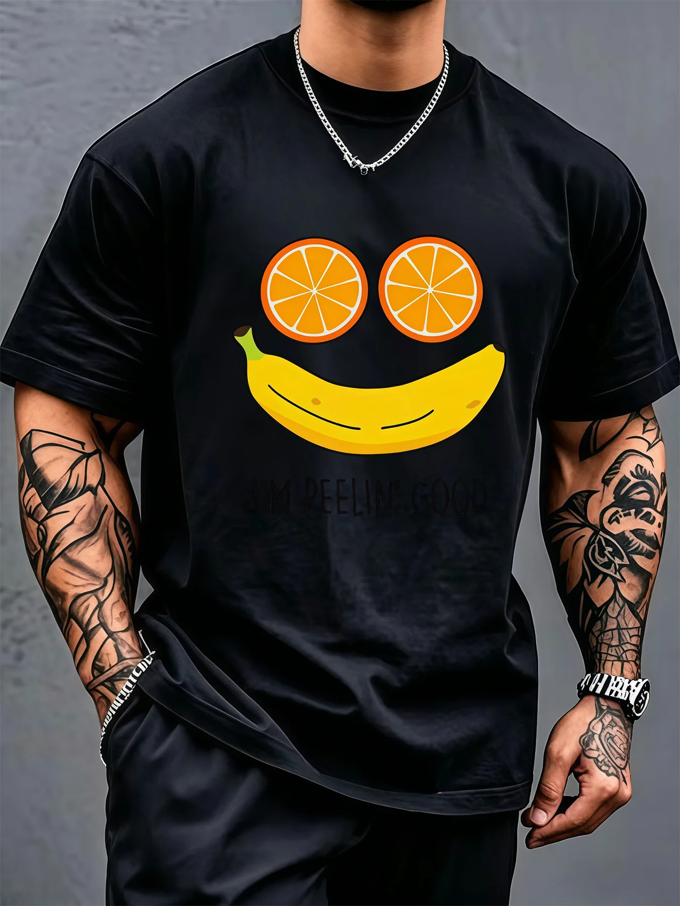 Men Black Crew Neck Tee Cute Fruit Smile Face Orange Slice Eyes Banana Mouth I M Peelin Good Pun Summer Soft Cotton Male Tops