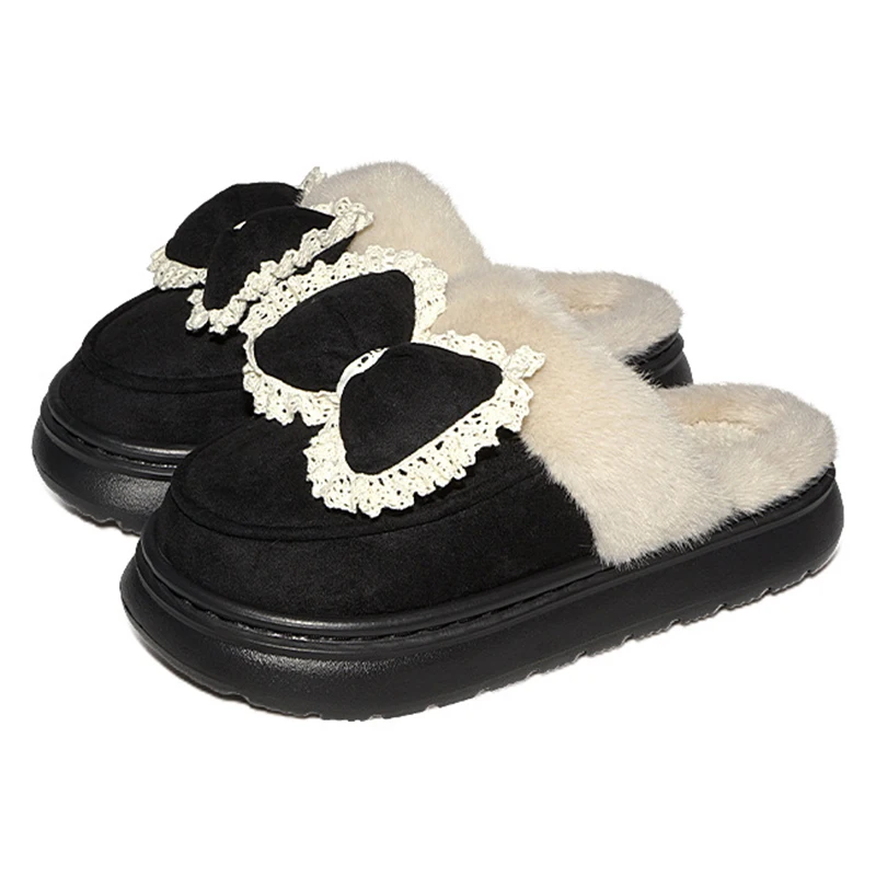 Belle pantofole con plateau soffici bowknot da donna suola spessa antiscivolo scarpe in cotone per la casa donna comode scivoli in peluche caldi femminili