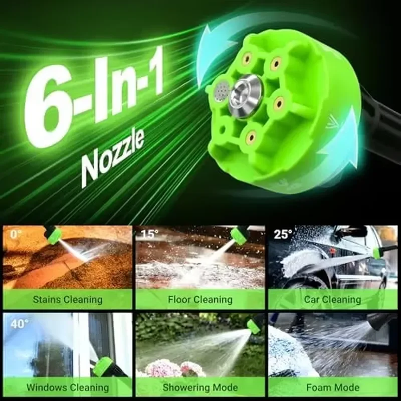 1000PSI 25Bar 150W Wireless 21V 4.0Ah Battery Powered Brushless Motor 6 in 1 Nozzle High Pressure Washer for Car/Lane/Terrace
