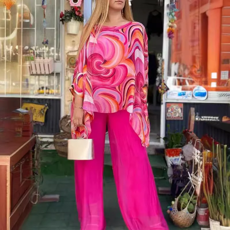 Lady Colorful O Neck Loose Suit Casual Chiffon Set Three Quarter Sleeve Top Wide Leg Pants Women Outfit Comfortable 2 Piece Sets
