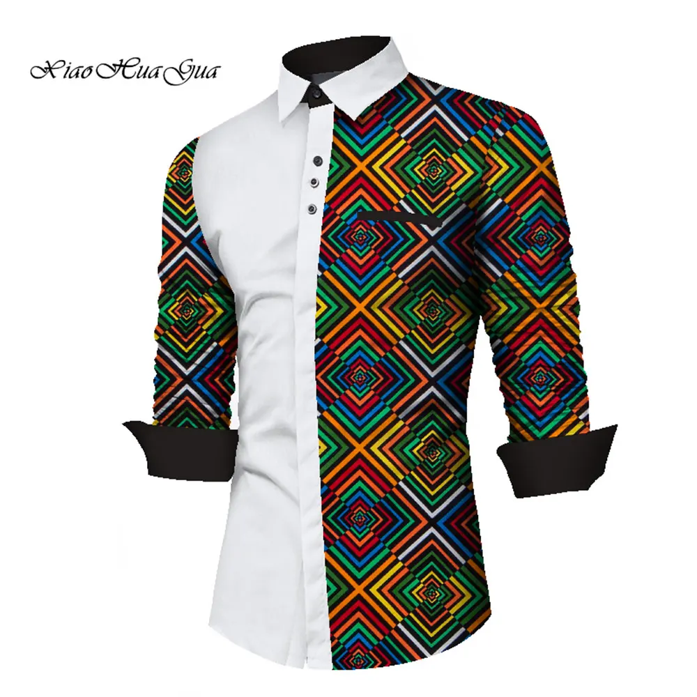 Men\'s African Shirts Africa Print Long Sleeve Shirts Men Fashion African Print and White Patchwork Shirt African Clothes WYN911