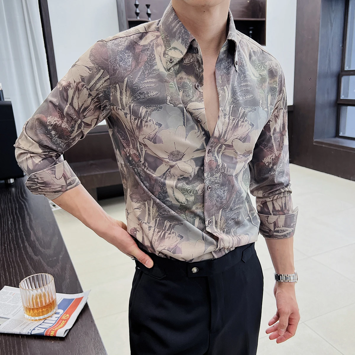 2024 Autumn Vintage Printed Shirt Men Long Sleeve Lapel Casual Shirts High-quality Social Business Dress Shirts Streetwear Tops