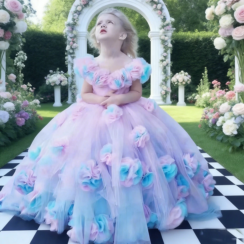 Vestido de Tul con Flores 3D y Cola para Niña, Vestidos de Dama de Honor para Boda, Vestido de Princesa para Niñas, Vestido de Primera Comunión