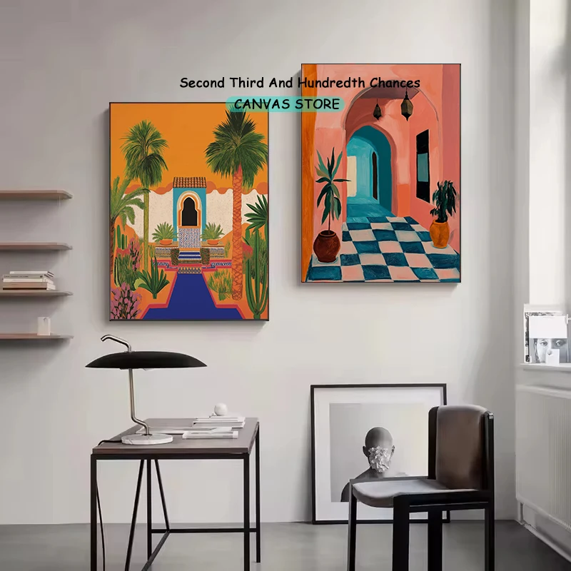 Moroccan Jardin Majorelle Marrakesh Riad Kasbah Red Terracotta Terracotta Archway Boho Poster Canvas Painting Wall Picture Decor