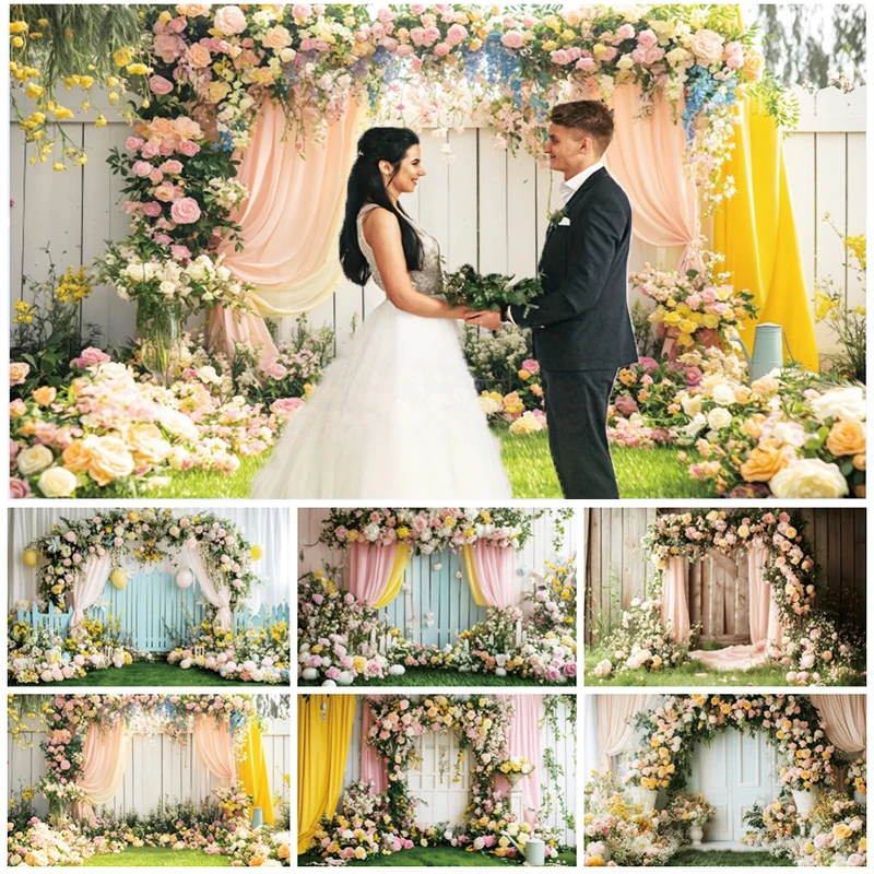 Romantische Tuin Wieden Achtergronden Voor Foto's Houten Plank Boog Verse Bloemen Gazon Levendige Kleuren Decoratie Foto Achtergronden