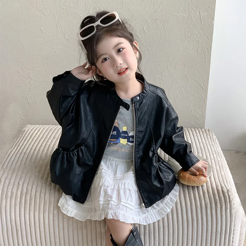 

2026 Autumn Baby Girl Casual Black Leather Jacket Zipper Detail PU Leather Coat For Kids Solid Color Outerwear In Various Sizes