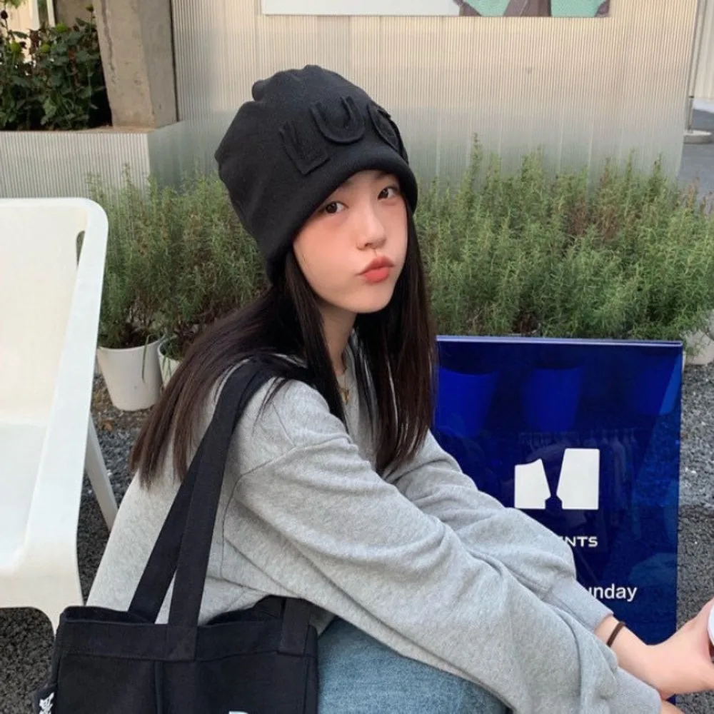 Polyester Fiber Women Beanie Hat Korean Japanese Style Soft Knit Fabric Letter Knit Beanie Letter Embroidery Pull On Hat Women