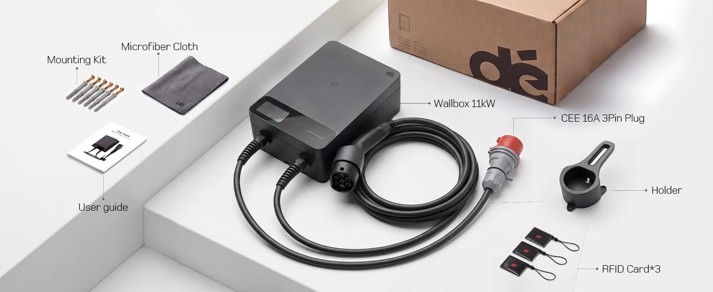 dé Wallbox Typ 2 11kW 16A 3-Phasen-Ladestation mit Tuya Smart App-Steuerung für Elektrofahrzeuge, 5m 7,5m 10m 12,5m 15m EV-Ladekabel – Detail 4