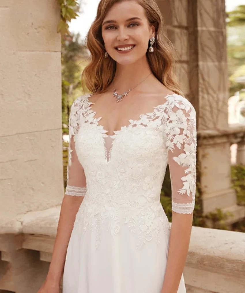Delicate Lace Appliques Wedding Dress Chiffon Train robe de mariée bohème For Bride Elegant Half Sleeves Bridal Dresses