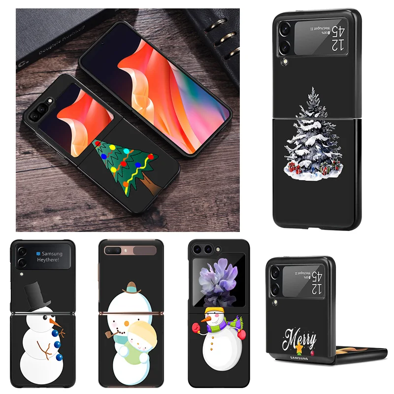 Anti-Drop Black Hard Phone Case For Samsung Galaxy Z Flip6 Flip5 5G Flip4 zflip 6 5 4 3 Snowman Christmas Tree Shell Cover Funda