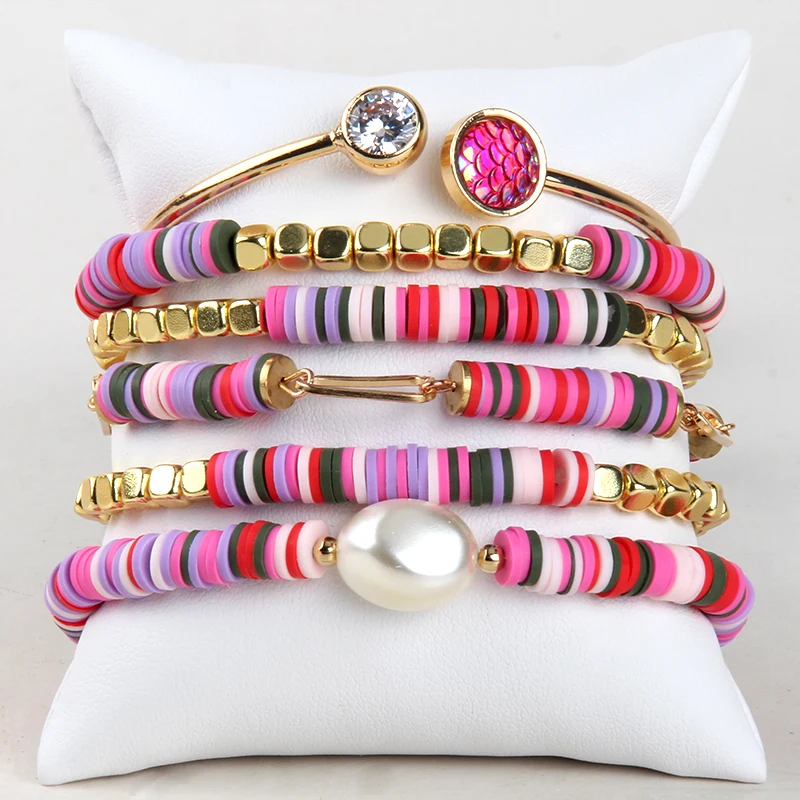 

RH Fashion Bohemia JewelryMixed Colorful Polymer Clay Beaded 6pc Stack Bracelets Bangle Set For Women Gift