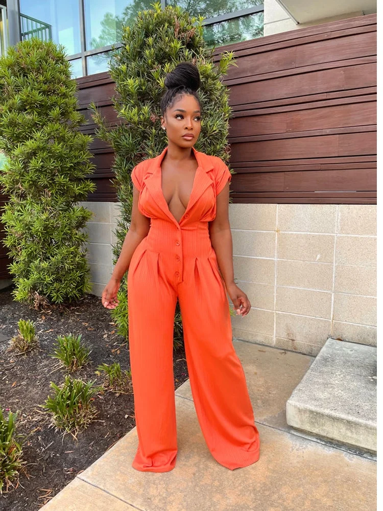 

Sister Star Women Fashion Temperament Solid Color High Elastic Button Oakley Short Sleeve Stand-up Collar Wide Leg Long Jumpsuit