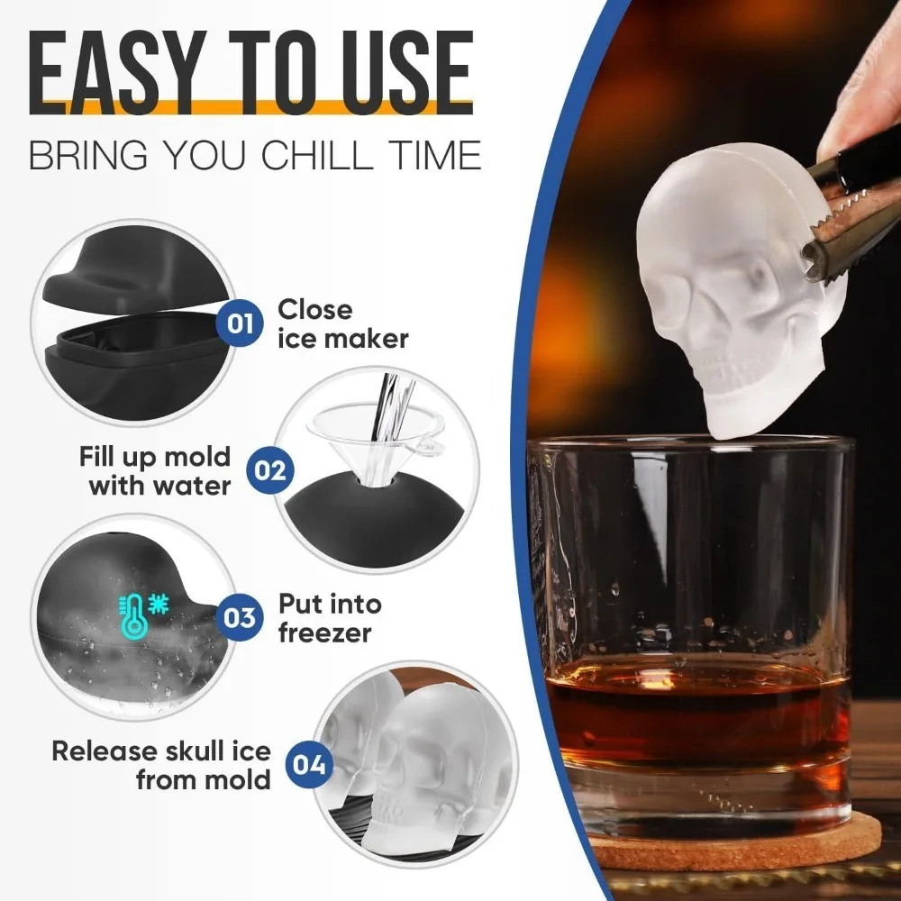 Large 3D Skull Silicone Ice Cube Mold with Funnel for Whiskey Cocktails Halloween for Baking Chocolate Candy Cake for Parties