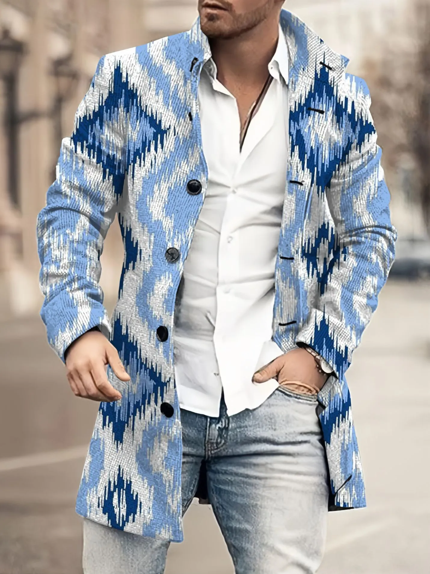 Stand Collar Belt Plaid Slim Fit Western Button Front Mid Length Coat with Daily Pocket for Men Autumn Winter
