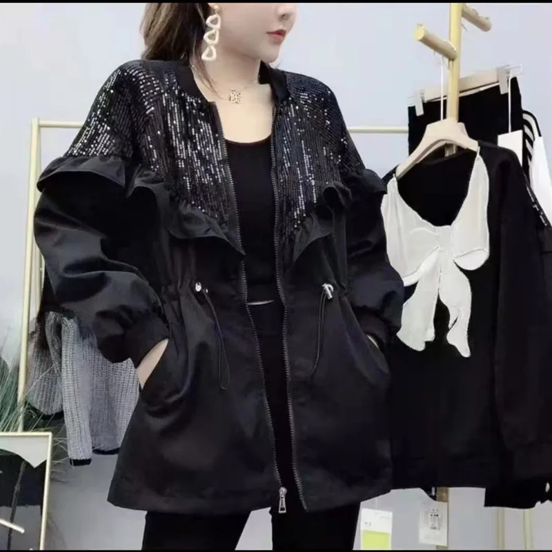 

New Fashion Short Trench Jacket Women Streetwear Coat 2022 Spring Autumn Sequined Windbreaker Outwear Female Loose Zipper Top