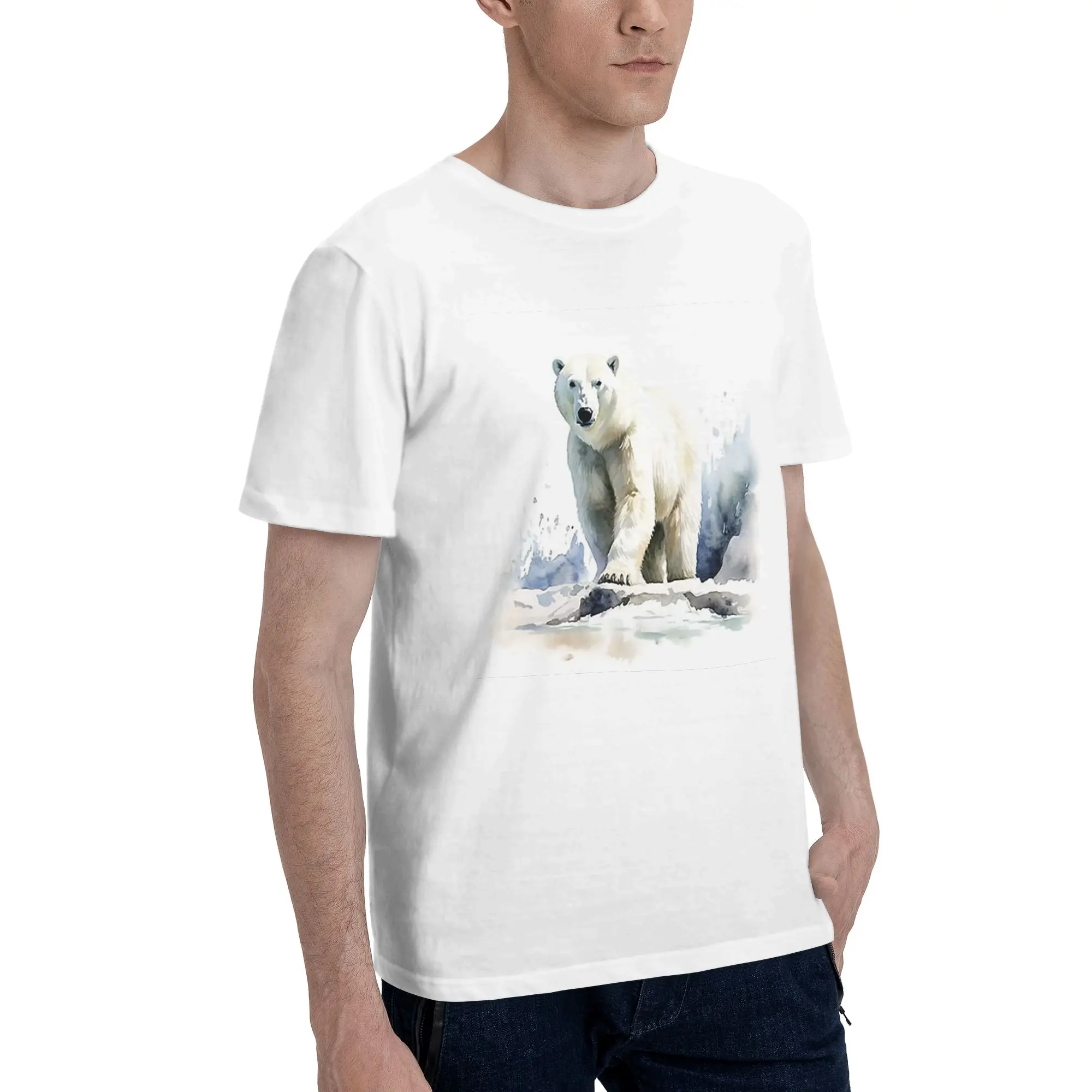 

Watercolor standing in the snow Polar Bear Men T-Shirt Oversized T Shirts Men's Round Neck Cotton Tees Short Summer Male