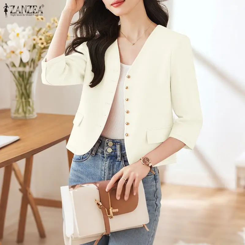 

2026 ZANZEA Spring Office Blouse Elegant Women V Neck 3/4 Sleeve Cardigan Tops Stylish Solid Button Up Shirt Slim Fit Thin Coats