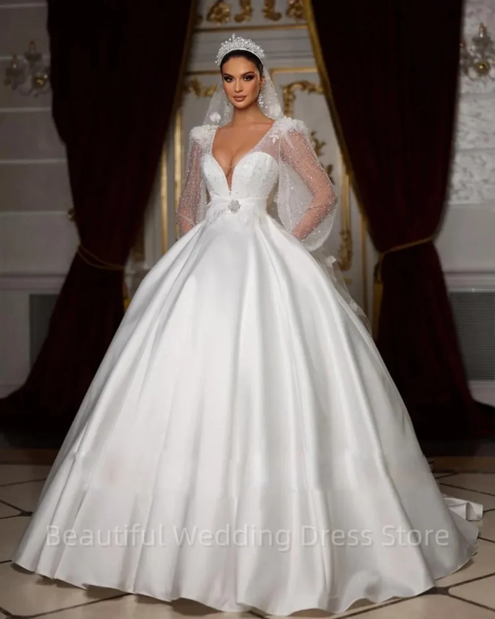 Wunderschöne Perlen eine Linie Brautkleider V-Ausschnitt Puff ärmel Brautkleid Feder Taille Prinzessin Arabisch Dubai Brautkleid