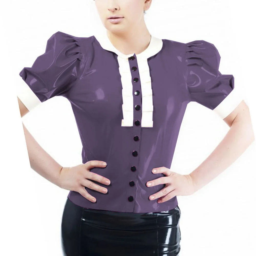 Plus Size Zoete Vrouwen Shirt Wetlook PVC Leer Turn Down Kraag Korte Mouw Vrouwelijke Blouse Clubwer Retro Slanke Dames Tops