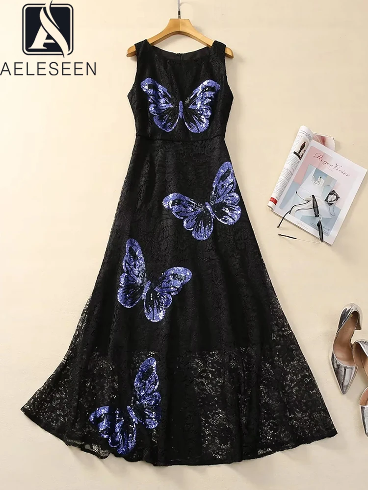 

AELESEEN Casual Tank Lace Dress For Women Design Fashion Sleeveless Blue Butterfly Sequined Black Long Holiday Vacation Female