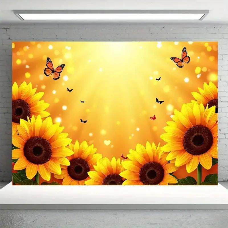 1pc Large Sunflower & Butterfly Tapestry Backdrop Banner - Vibrant Yellow Sunflowers with Green Foliage & Orange Butterflies on