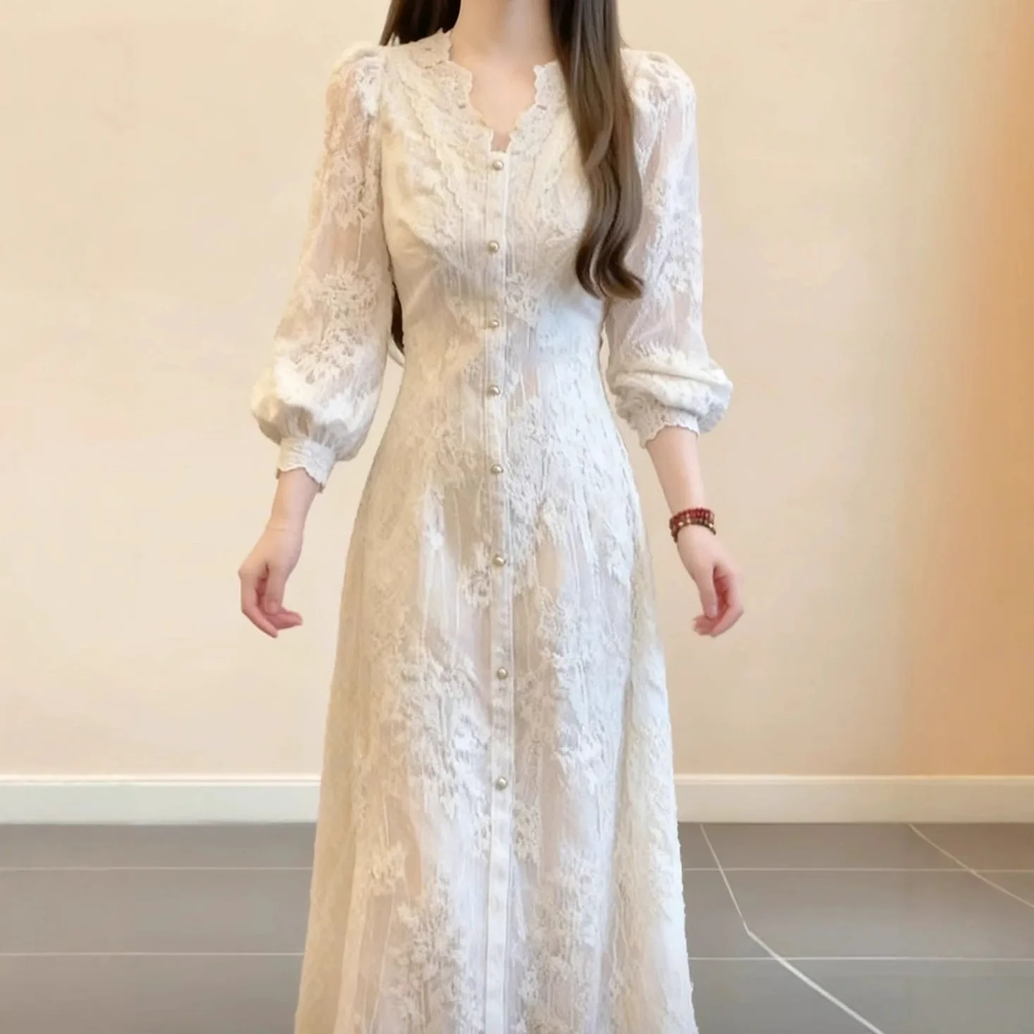 

White Women Dresses Lace Dress A Line Embroidered Long Button V Neck Long Sleeve High Waist Ankle Length Casual 2026 Autumn