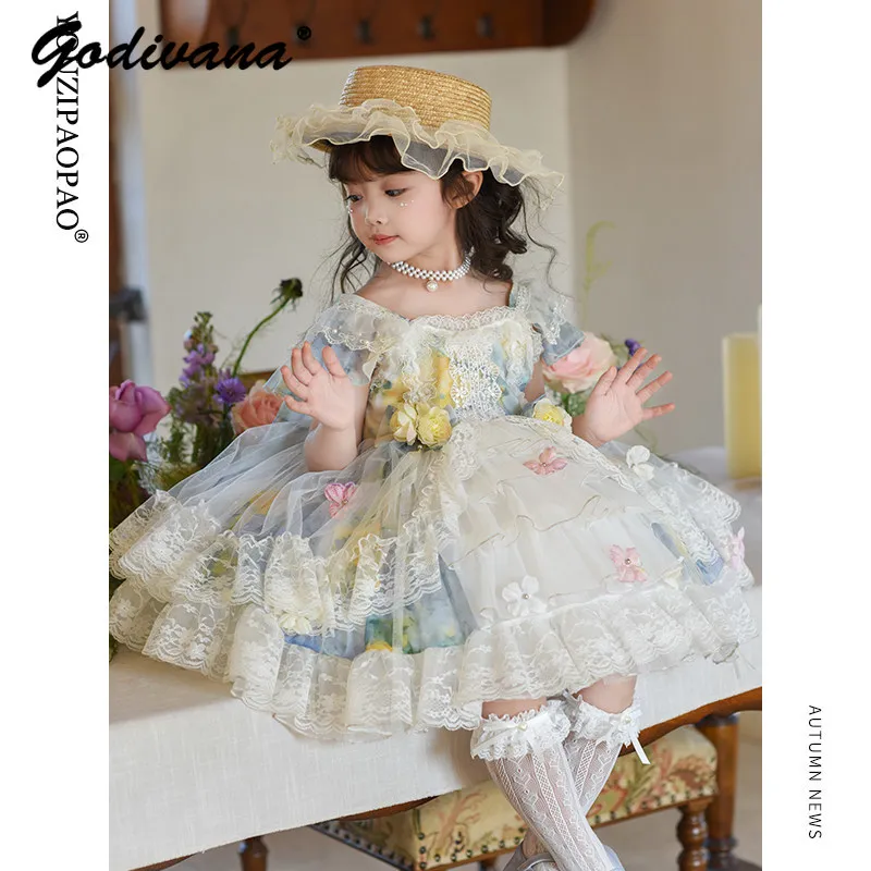 

Sweet Girls Sleeveless Lolita Dress Summer 2026 New Kids Luxury Heavy 3D Floral Embroidery Lace Ruffle Trim Princess Tutu Gown