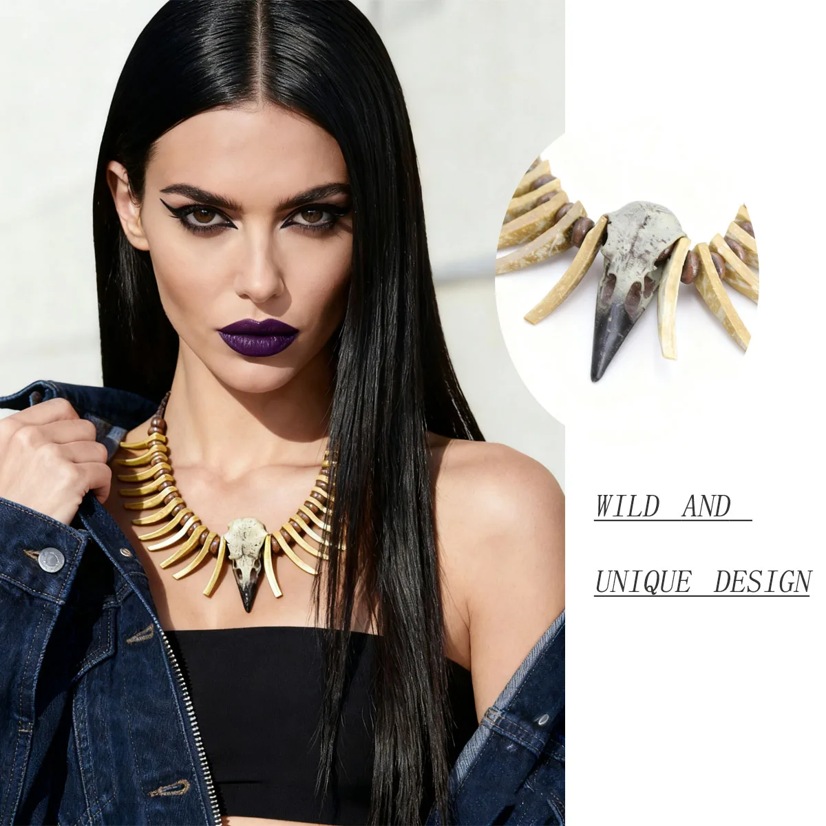 vintage crow skull coconut shell necklace with animal-shaped irregular long teeth, Gothic style (random color for the bird skull view 3
