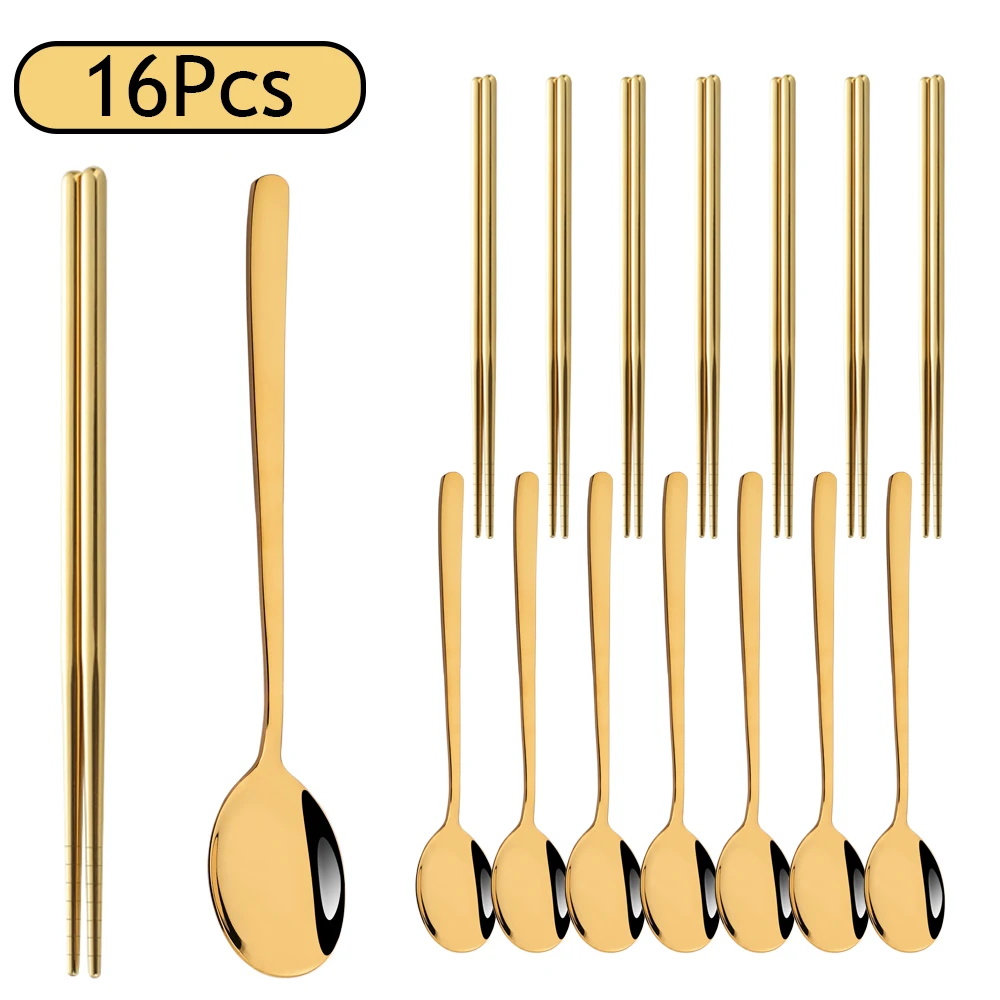 

Western 16Pcs Gold Flatware Stainless Steel Dinnerware Set Kitchen Dinner Spoon Chopsticks Cutlery Set Mirror Home Tableware