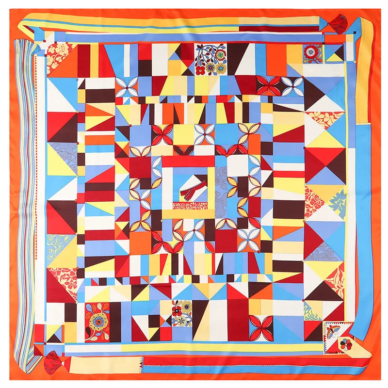 

Silk Scarf Women Geometric Print Stoles Square Scarves Wraps Large Bandana Kerchief Big Hijabs Female Silk Foulards 130CM