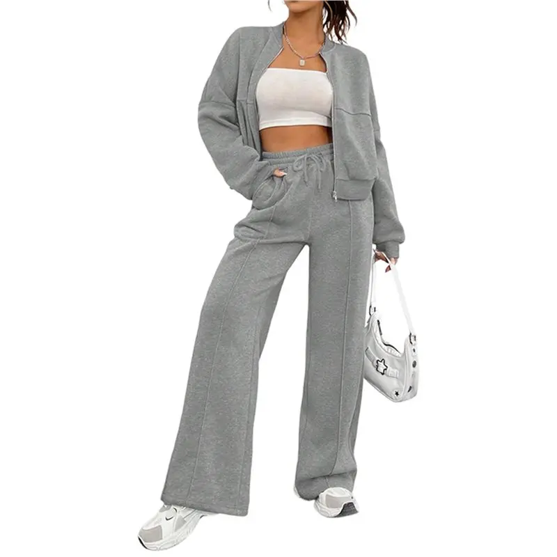 ABRT-Women's 2 Piece Outfits Sweatsuit Zip Up Long Sleeve Sweatshirt With Wide Leg Sweatpants Gray L