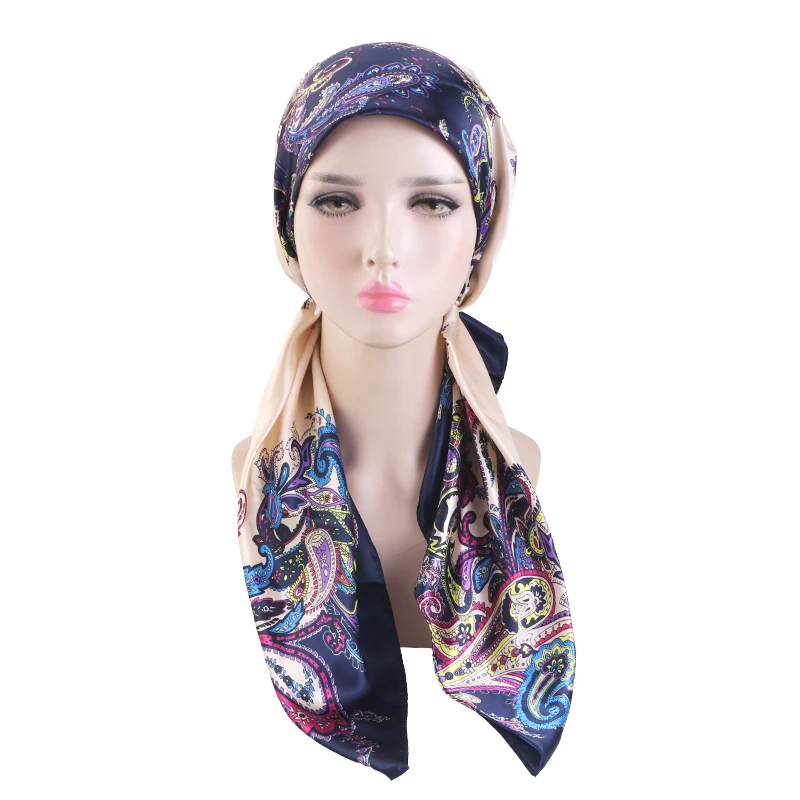 Neuer Damen-Doppelschicht-Paisley-Satin-Instant-Hijab-Schal-Turban, muslimische Kopfbedeckung für Frauen, Chemotherapie-Mütze, Haarausfall-Abdeckung, Kopfwickel, Banda – Detail 4