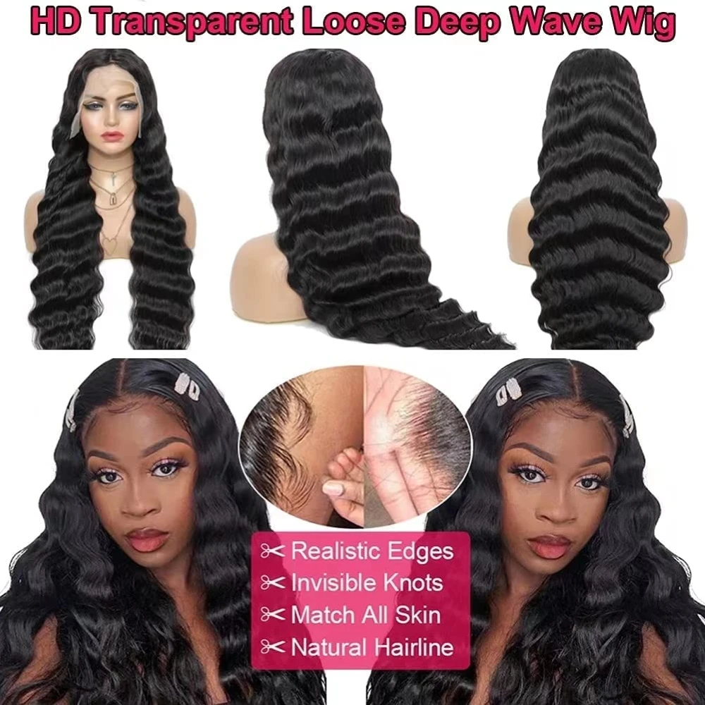 Loose Deep Wave Lace Front Perucas para mulheres negras, cabelo humano sem cola, pré arrancado com cabelo de bebê, 40 pol