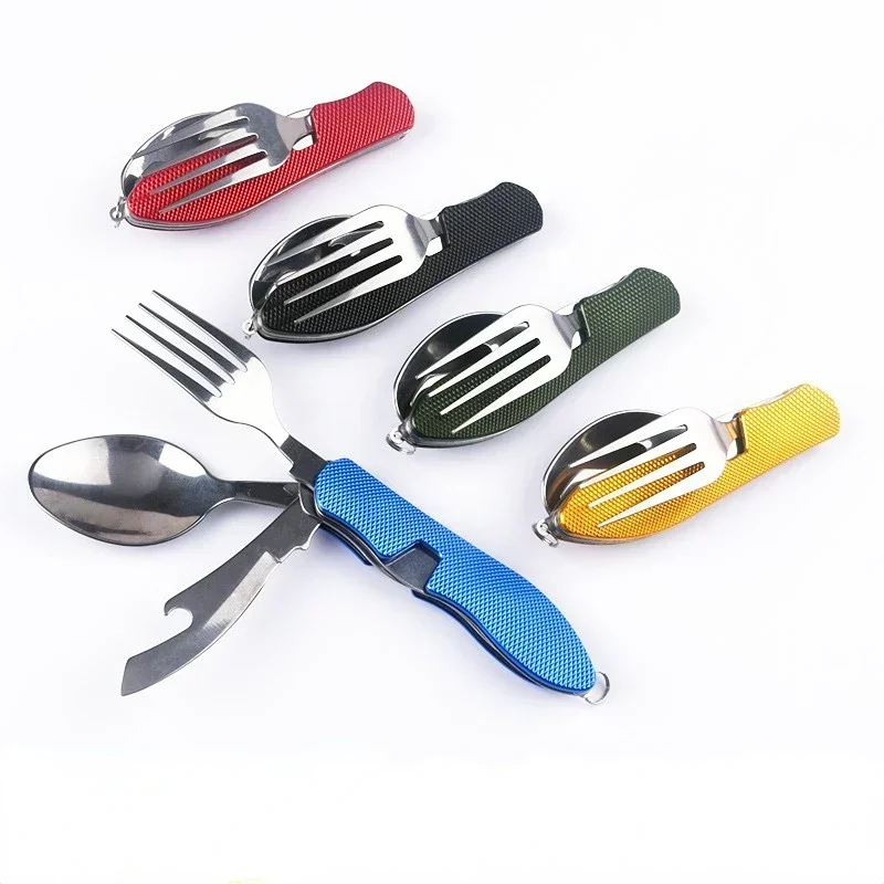 Juego de cucharas plegables 4 en 1, cuchillo, tenedor, abrebotellas, Kits de bolsillo plegables de acero inoxidable, juego de vajilla para exteriores