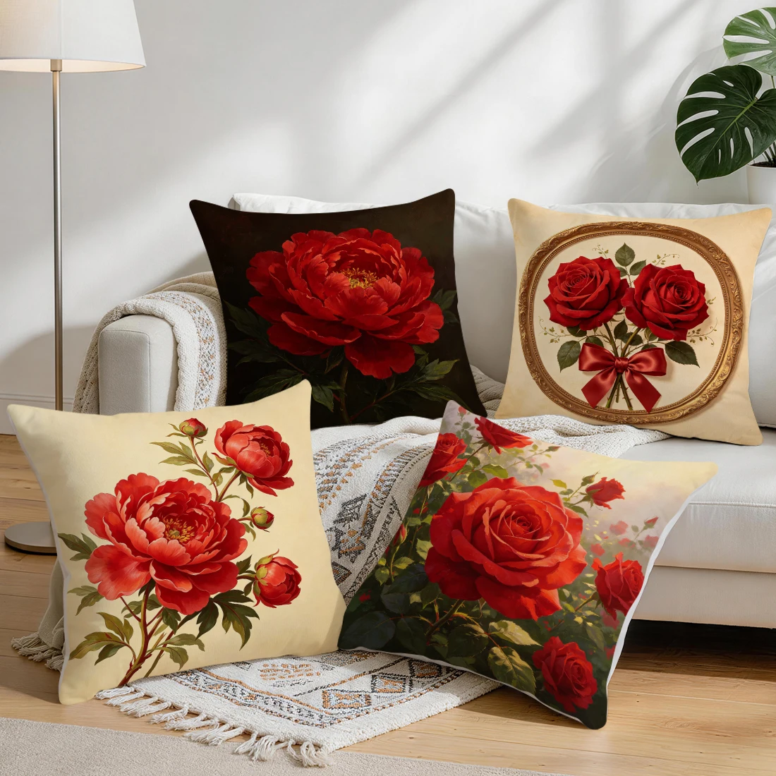 Peony, Rose, Red Flowers Pillowcase Printed Polyester 40/45/50cm Throw Pillowcover Decorative Sofa Cushion Pillowslip Home Decor