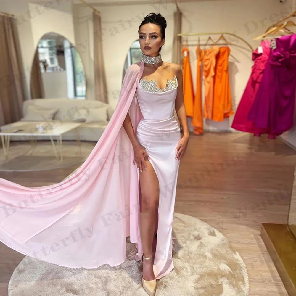 

Beautiful Gorgeous Satin Evening Dresses Exquisite Beading Formal Single Shoulder Sleeves With High Slit Prom Gown Party 2024