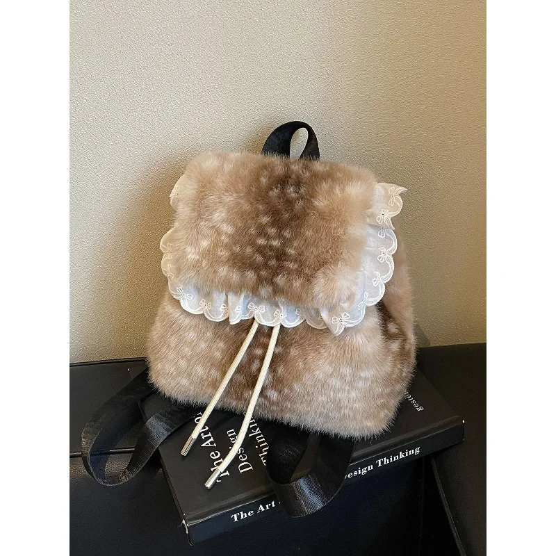 Sweet Faux Fur Backpack Cute Deer Spotted Print Drawstring Design Plush Backpack Girls Lolita Style Lace Ruffle School Bag