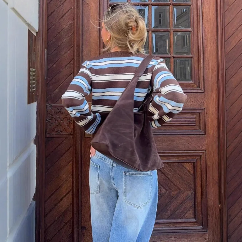 ทาเลนซ่า วินเทจลายถักเสื้อสเวตเตอร์ถักผู้หญิงแฟชั่นคอวีตัดกันเสื้อถักบางฤดูใบไม้ร่วงลำลองสตรีทแวร์ 2025 เสื้อกันหนาวหญิง