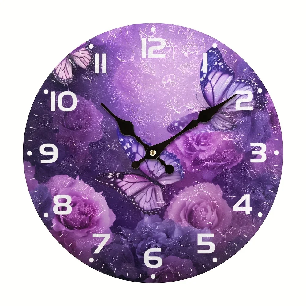 

Silent Purple Butterfly Wall Clock, Battery Operated, Decorative Round Clock For Kitchen, Home, School, Office - Wood Fiberboard