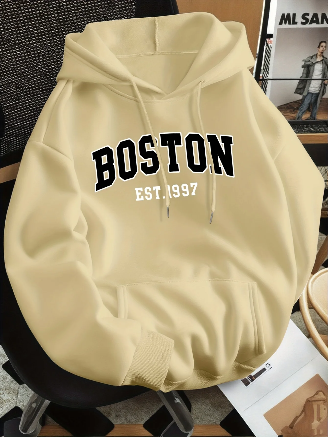 

Модная толстовка с капюшоном и принтом Boston Letter Print, однотонная, с графическим принтом, повседневный пуловер с длинными рукавами
